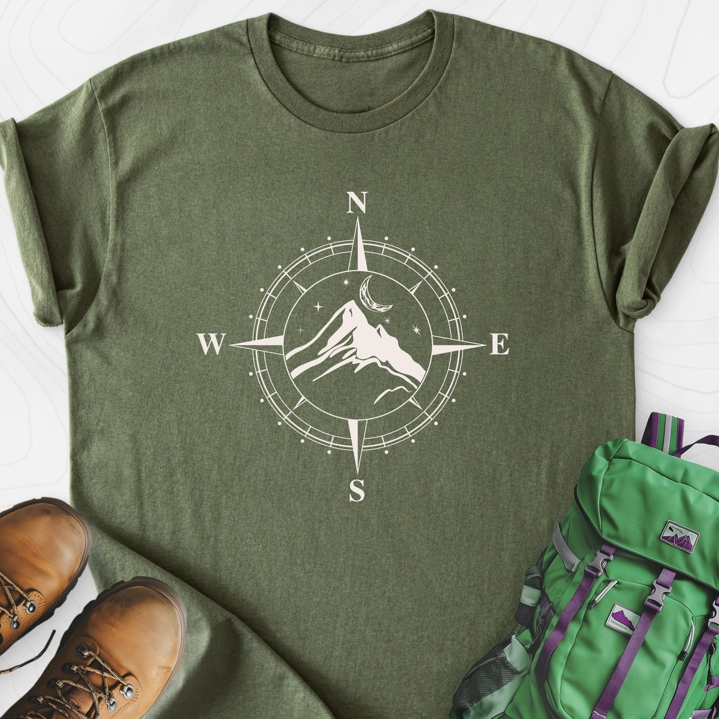 Compass Mountains Military Green front print lightweight T-shirt