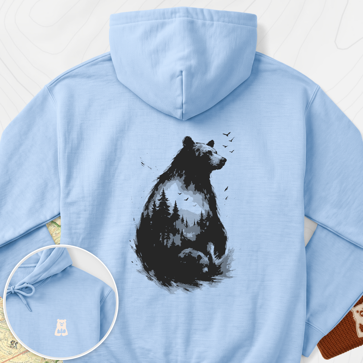 Bear Silhouette Back Print Hoodie - Light Blue
