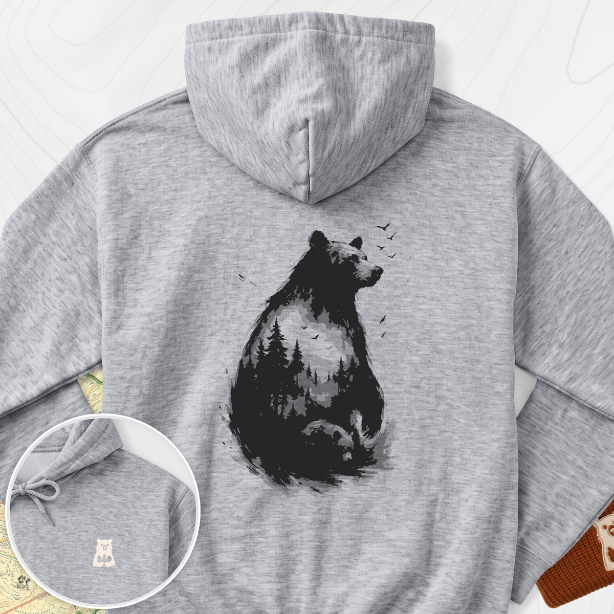 Bear Silhouette Back Print Hoodie - Sport Grey