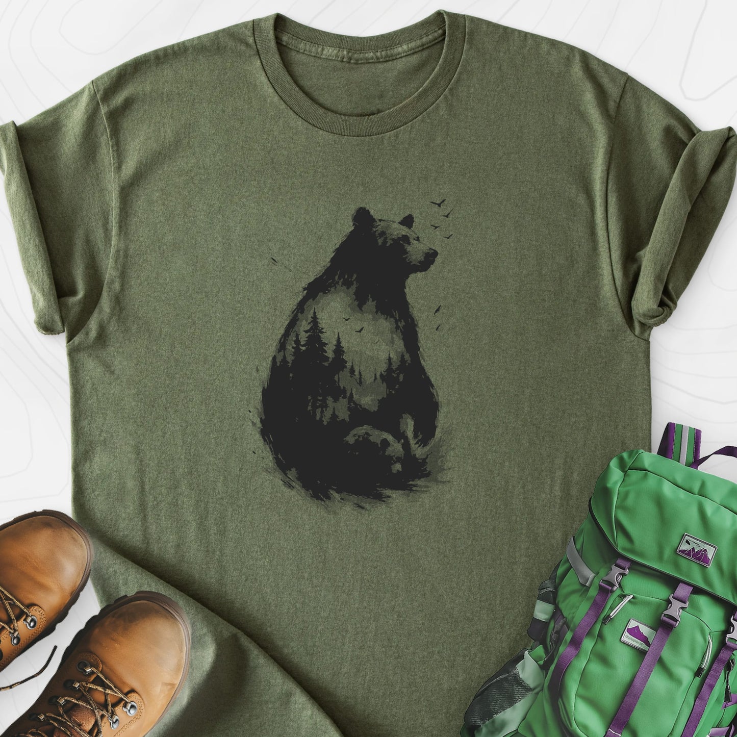 Bear Silhouette Military Green front print lightweight T-shirt