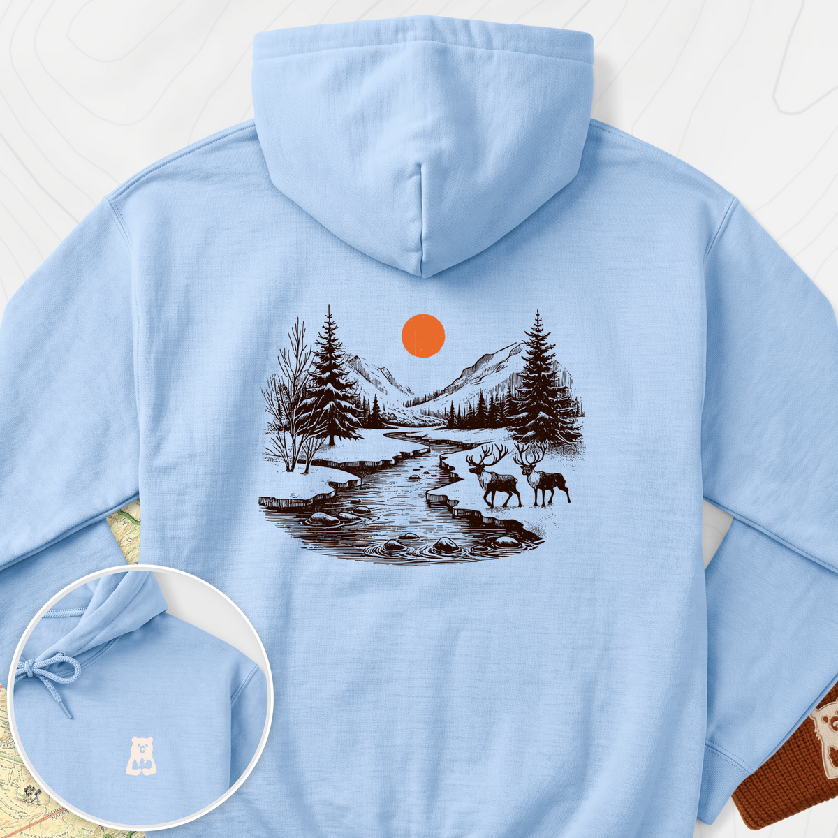 Mountain River Elk Back Print Hoodie - Light Blue