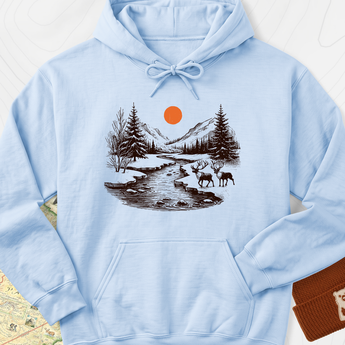 Mountain River Elk Hoodie - Light Blue