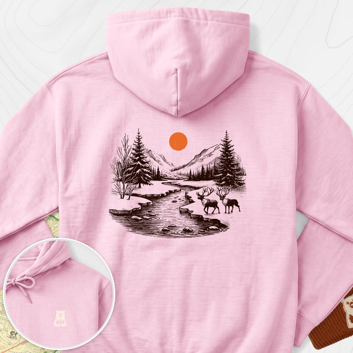 Mountain River Elk Back Print Hoodie - Light Pink