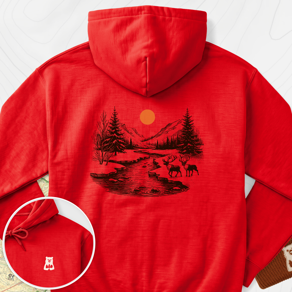 Mountain River Elk Back Print Hoodie - Red
