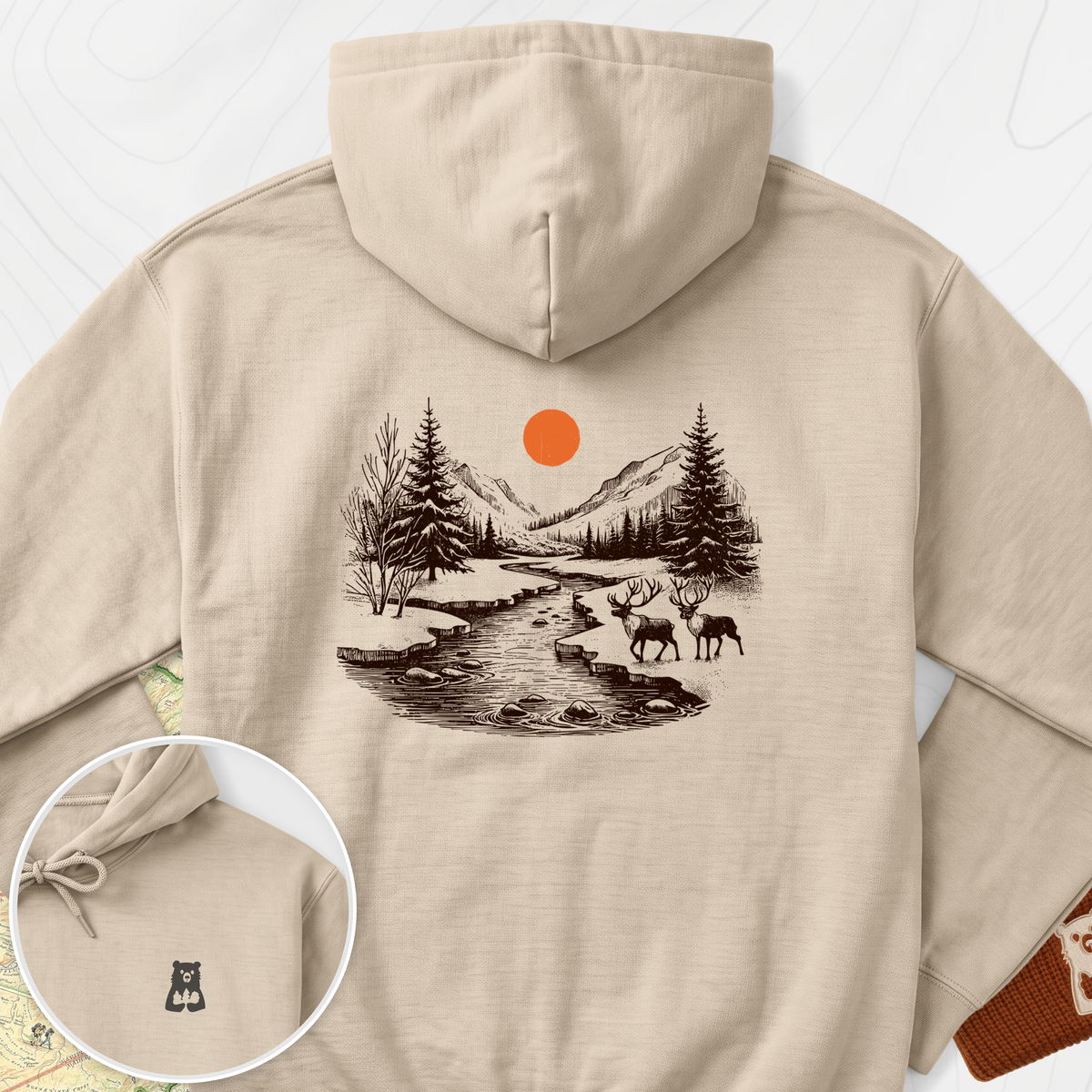 Mountain River Elk Back Print Hoodie - Sand
