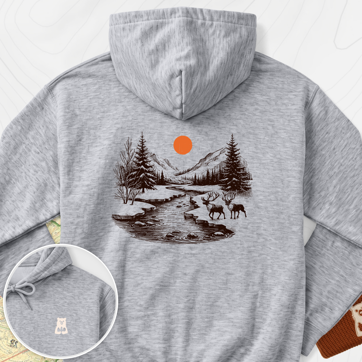 Mountain River Elk Back Print Hoodie - Sport Grey