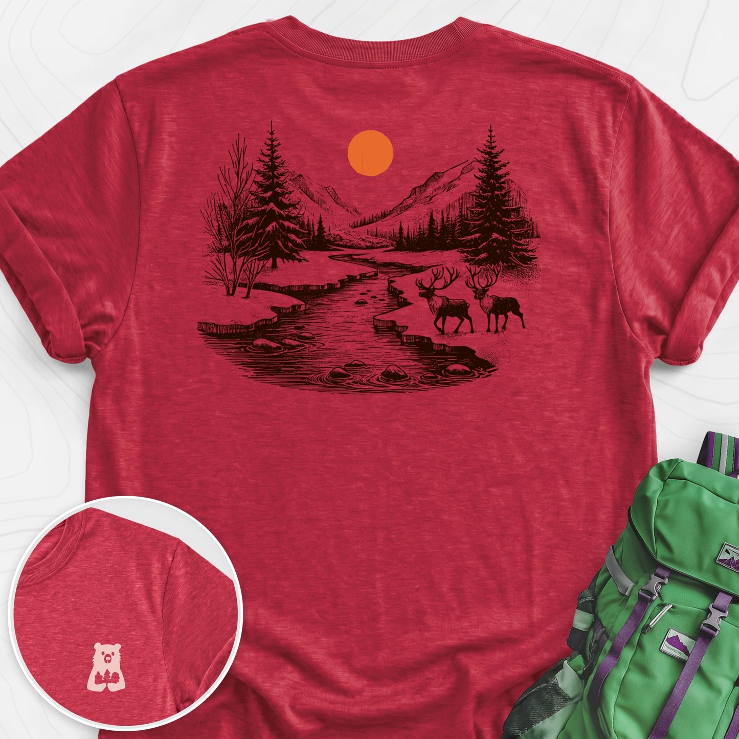 Mountain River Elk Heather Red back print lightweight T-shirt