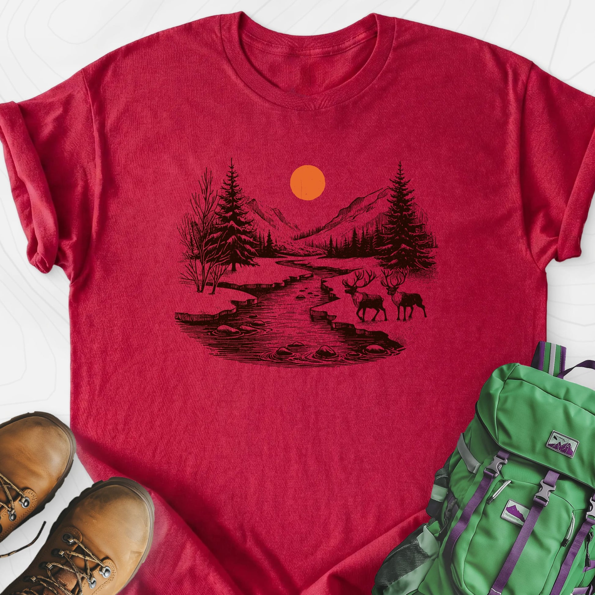 Mountain River Elk Heather Red front print lightweight T-shirt