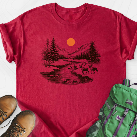 Mountain River Elk Heather Red front print lightweight T-shirt