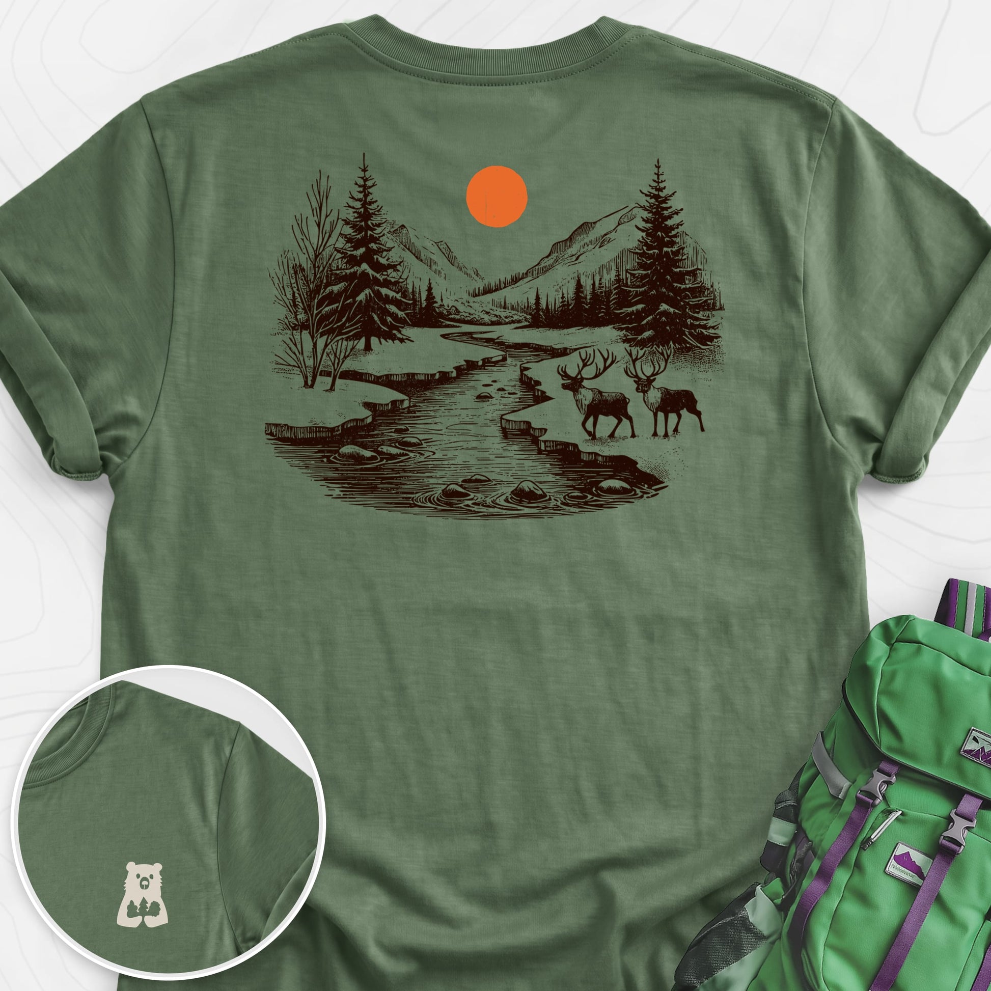 Mountain River Elk Military Green back print lightweight T-shirt