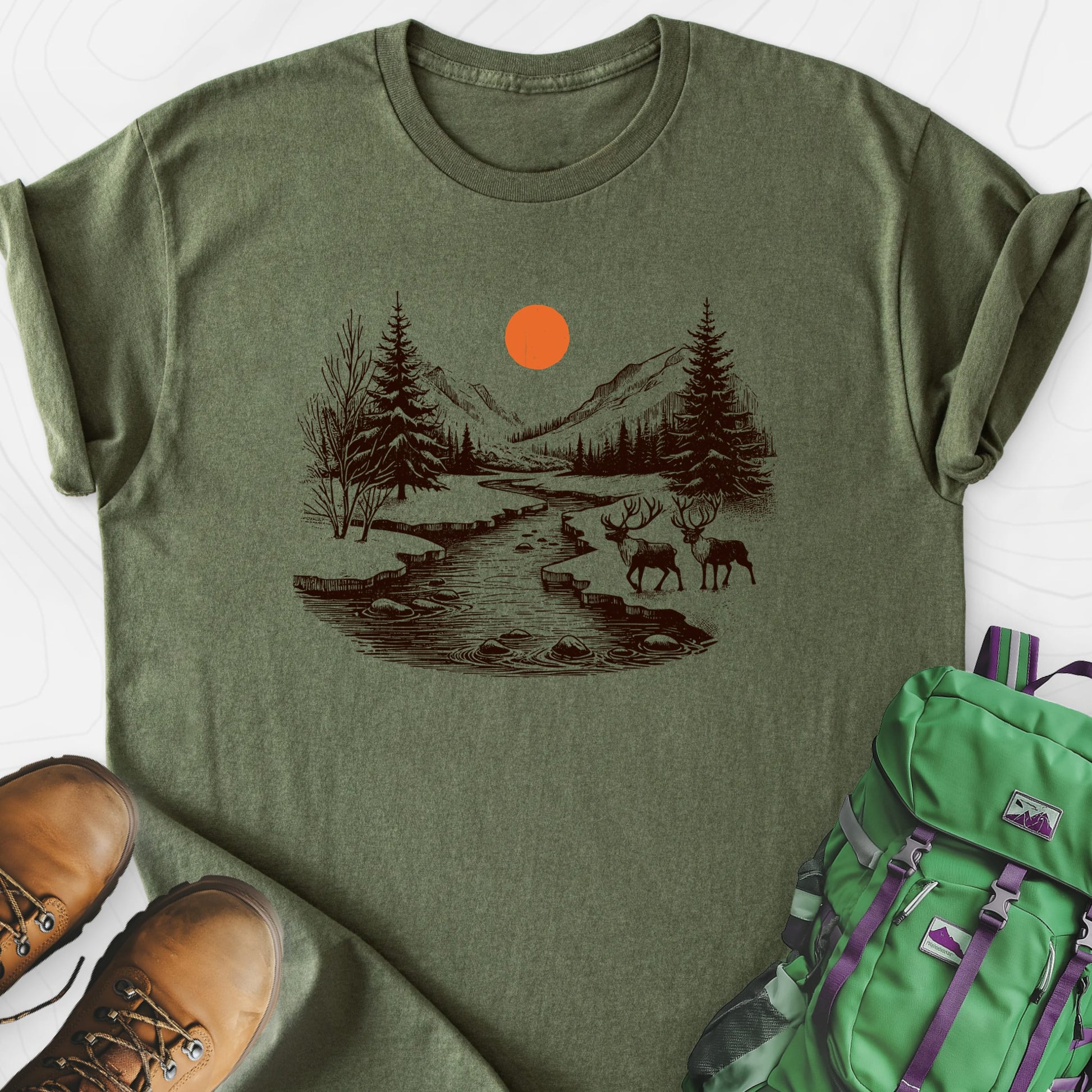 Mountain River Elk Military Green front print lightweight T-shirt