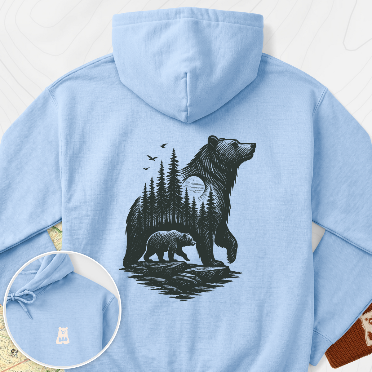 Bear Cub Silhouette Back Print Hoodie - Light Blue