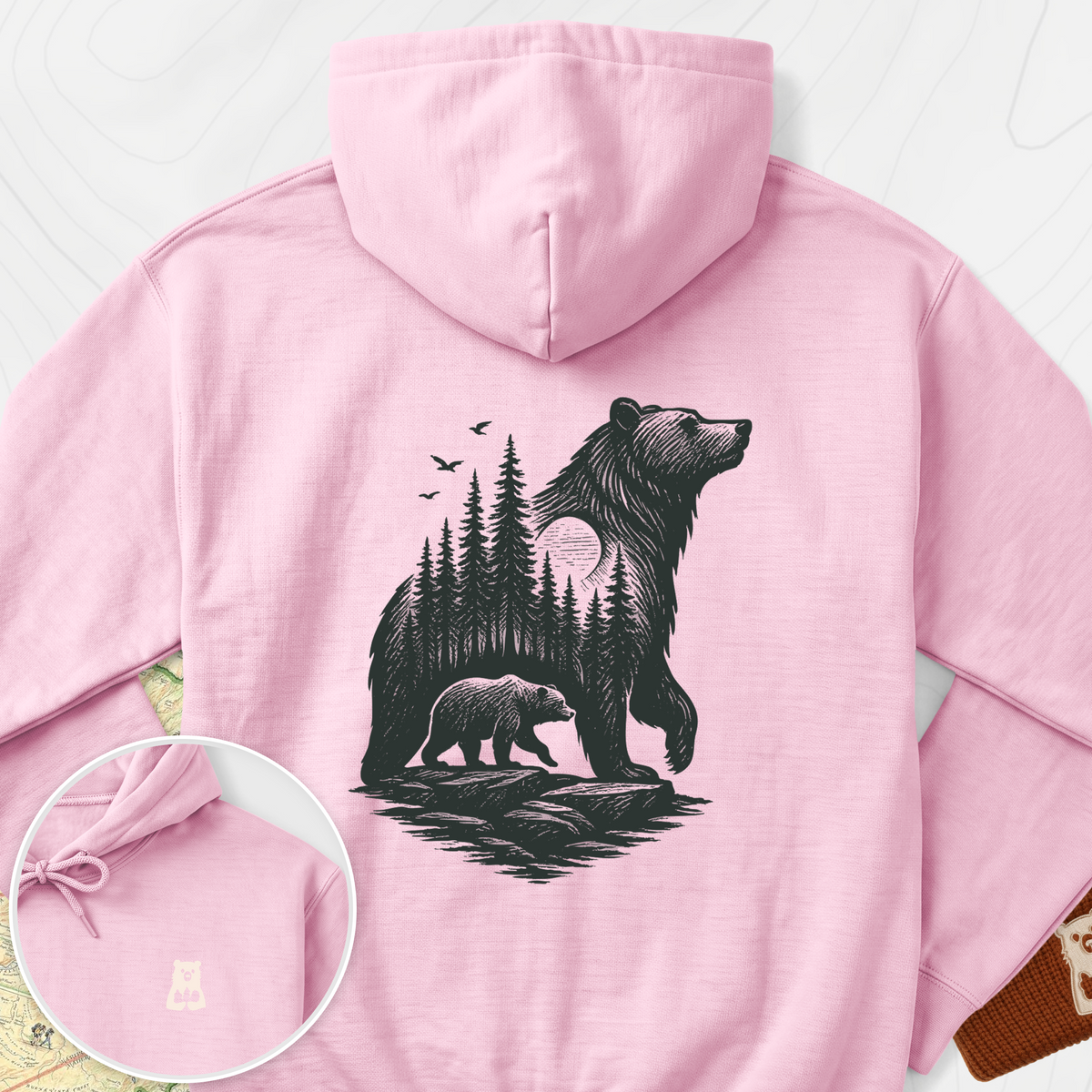 Bear Cub Silhouette Back Print Hoodie - Light Pink