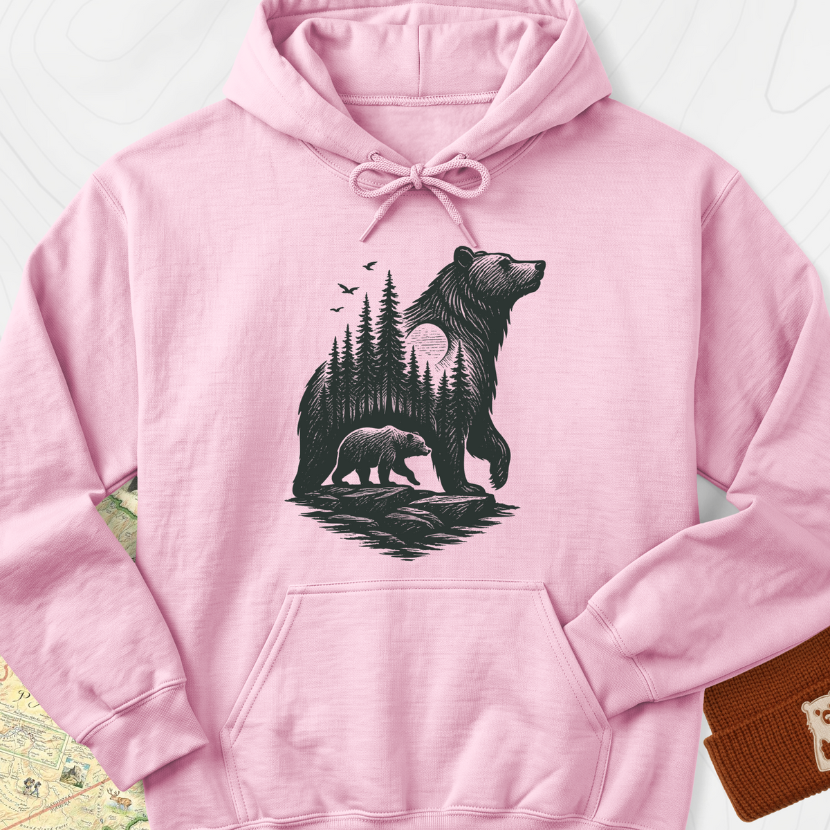 Bear Cub Silhouette Hoodie - Light Pink
