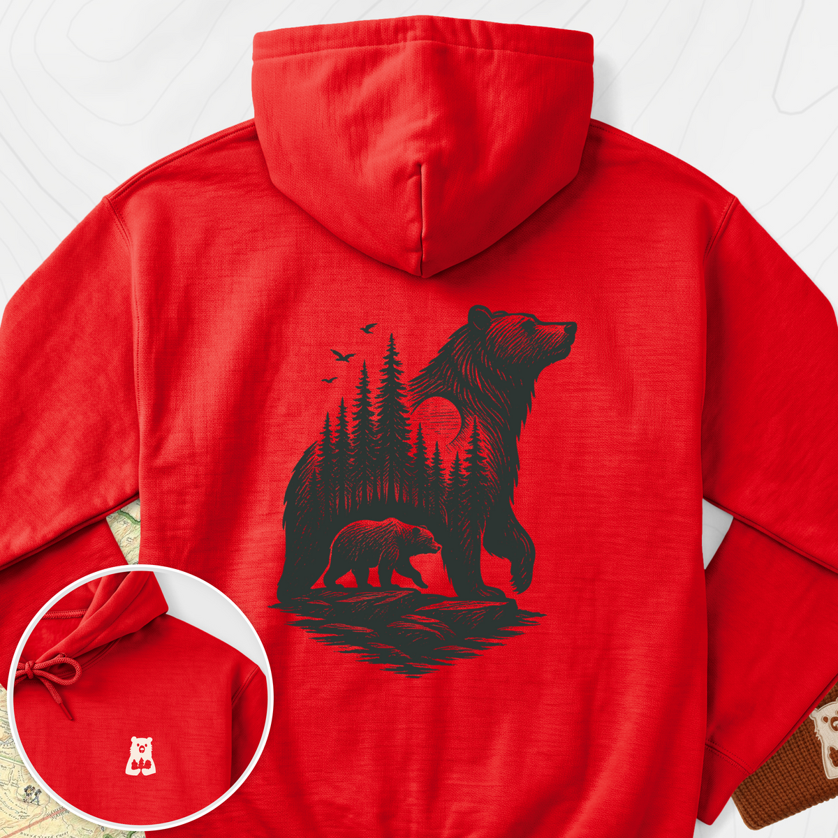Bear Cub Silhouette Back Print Hoodie - Red