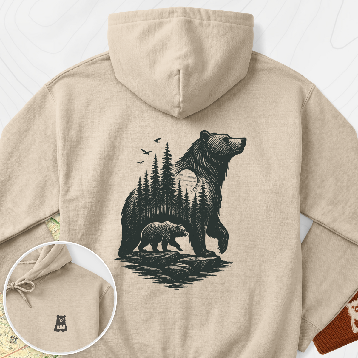 Bear Cub Silhouette Back Print Hoodie - Sand