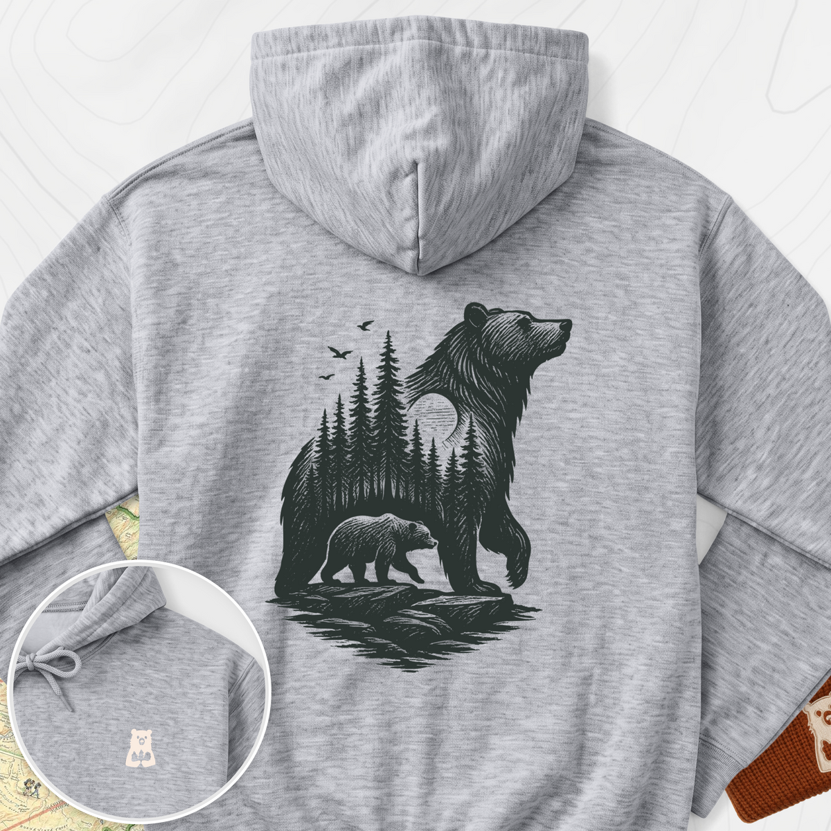 Bear Cub Silhouette Back Print Hoodie - Sport Grey