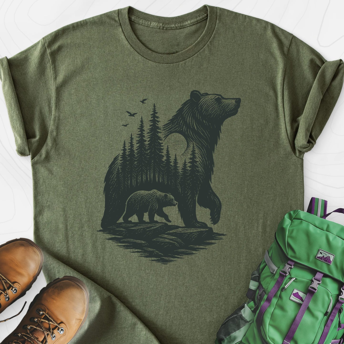 Bear Cub Silhouette Military Green front print lightweight T-shirt