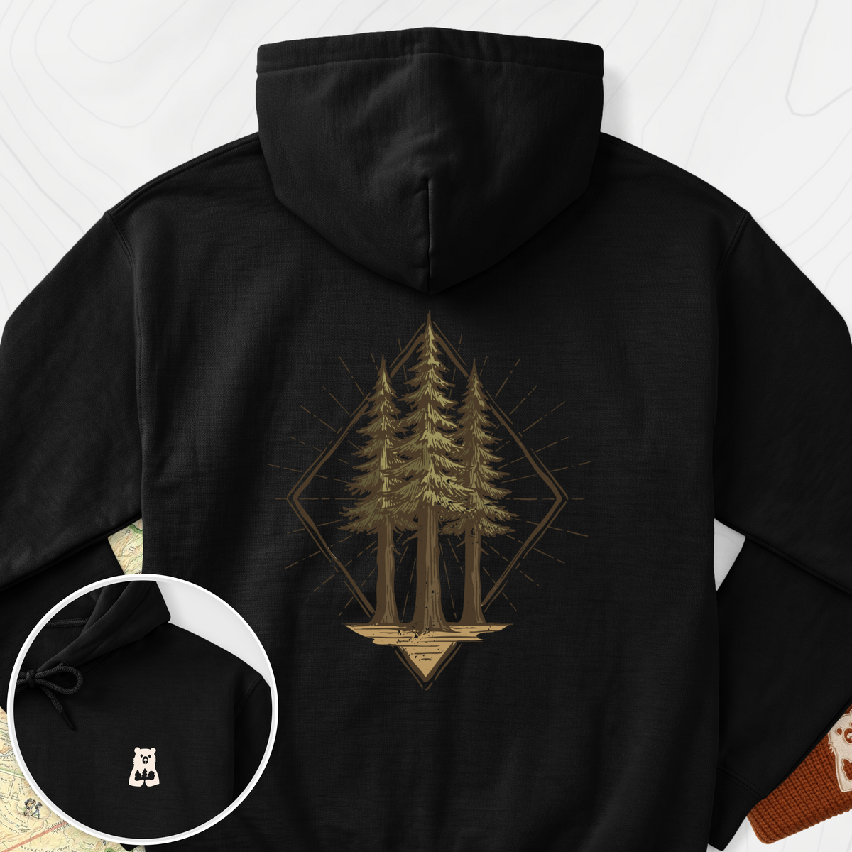 Pine Forest Badge Back Print Hoodie - Black