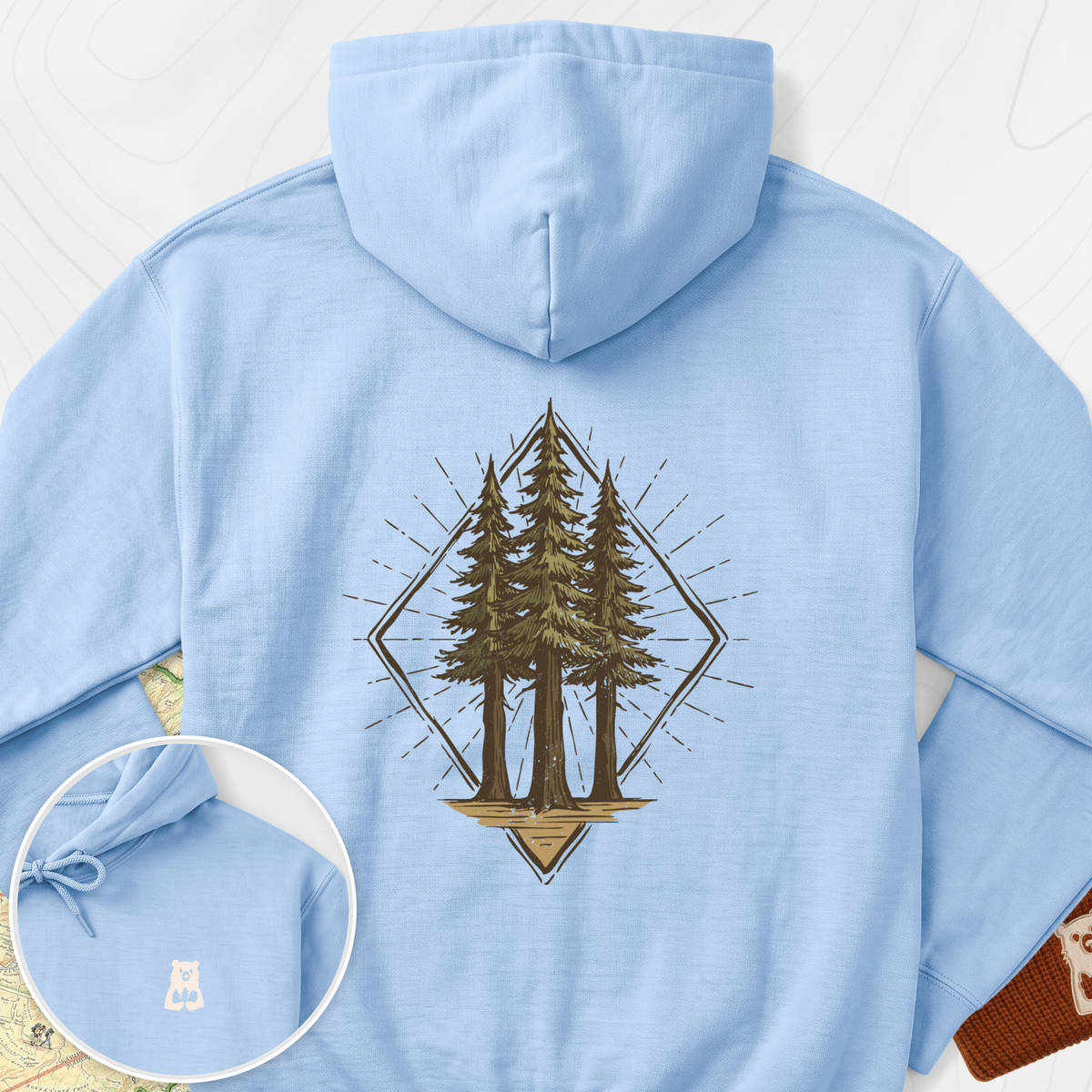 Pine Forest Badge Back Print Hoodie - Light Blue