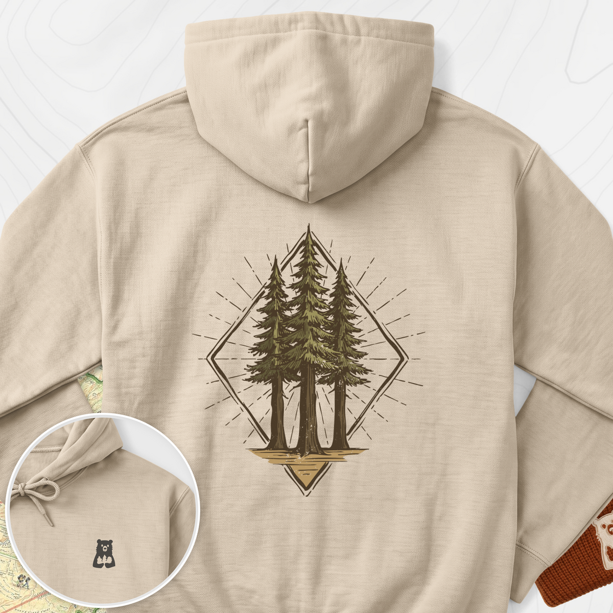 Pine Forest Badge Back Print Hoodie - Sand