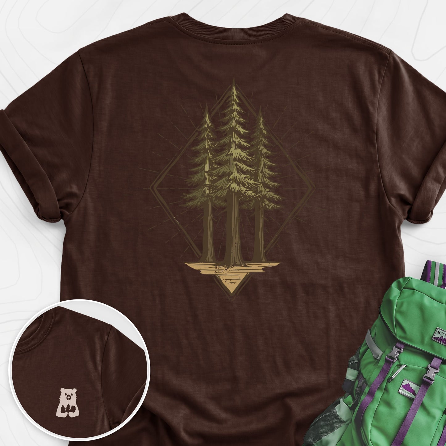 Pine Forest Badge Dark Chocolate back print lightweight T-shirt