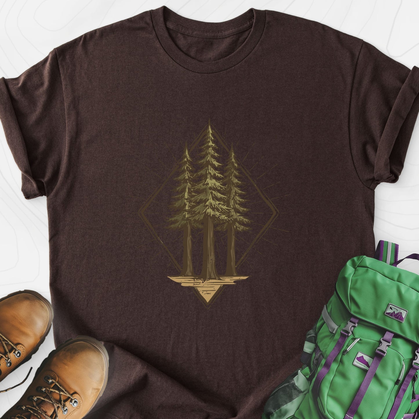 Pine Forest Badge Dark Chocolate front print lightweight T-shirt