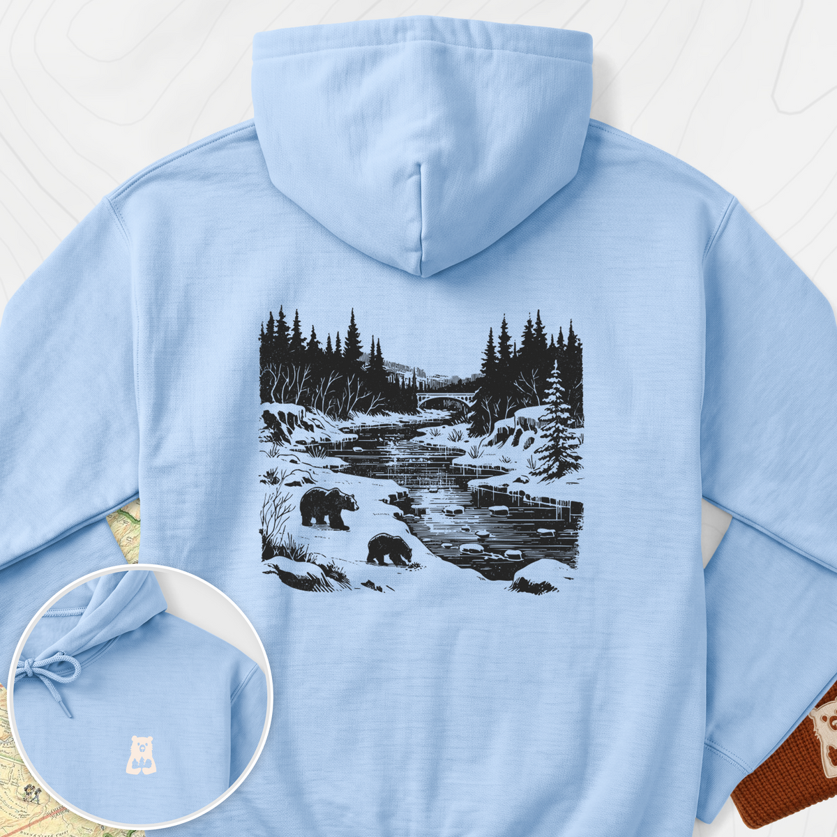 River Bear Scene Back Print Hoodie - Light Blue