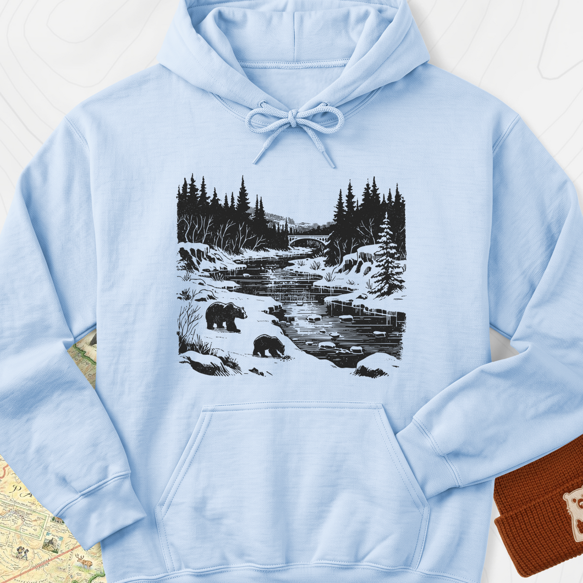 River Bear Scene Hoodie - Light Blue