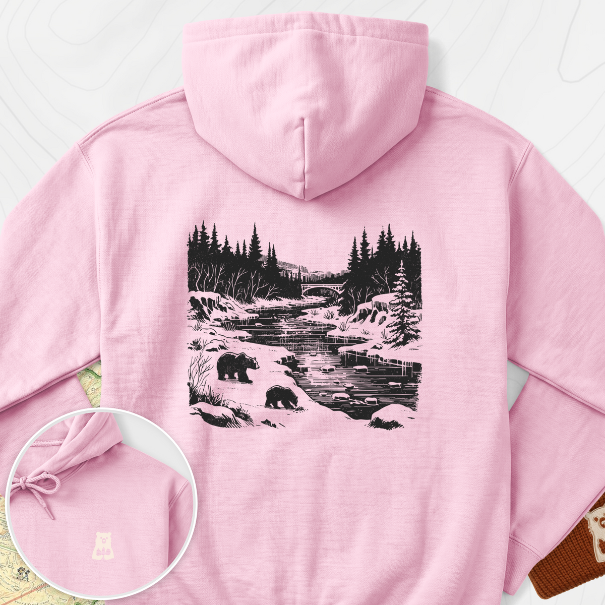 River Bear Scene Back Print Hoodie - Light Pink