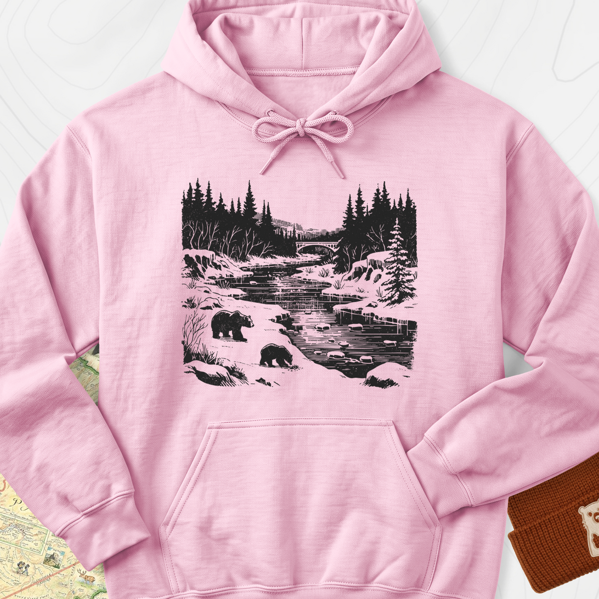 River Bear Scene Hoodie - Light Pink