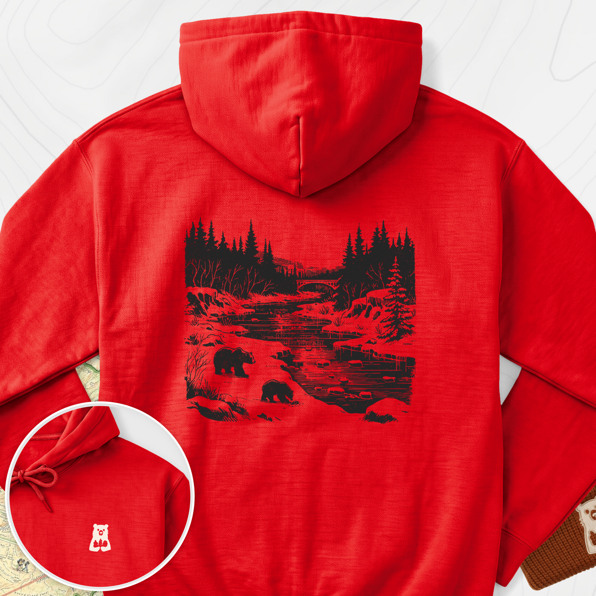 River Bear Scene Back Print Hoodie - Red