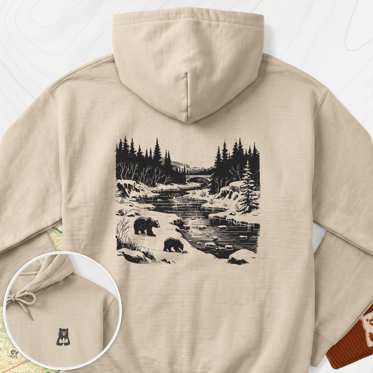 River Bear Scene Back Print Hoodie - Sand