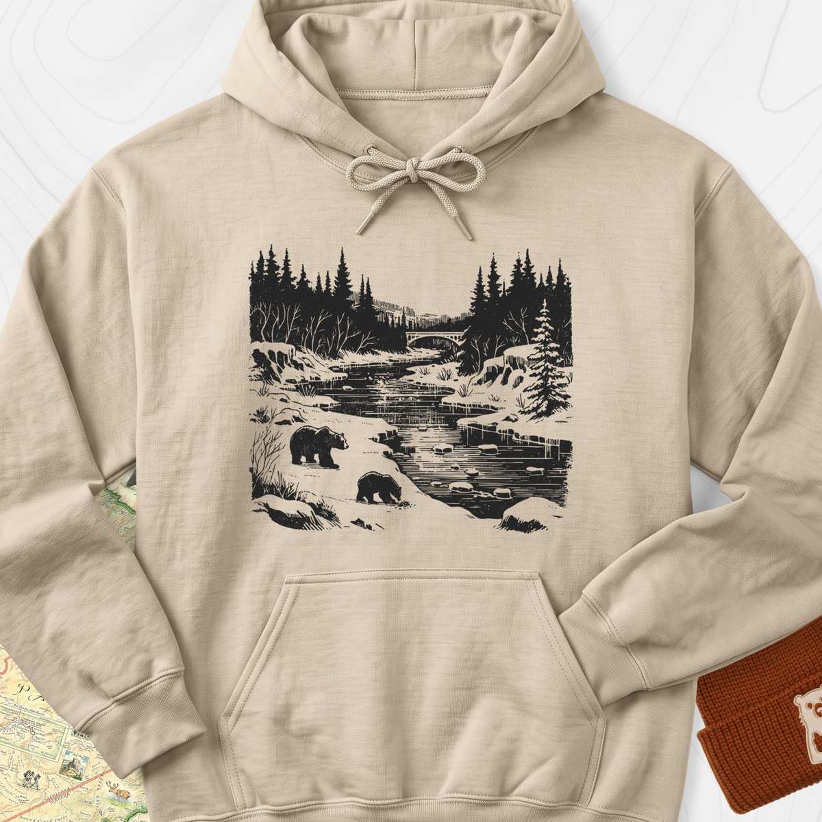 River Bear Scene Hoodie - Sand