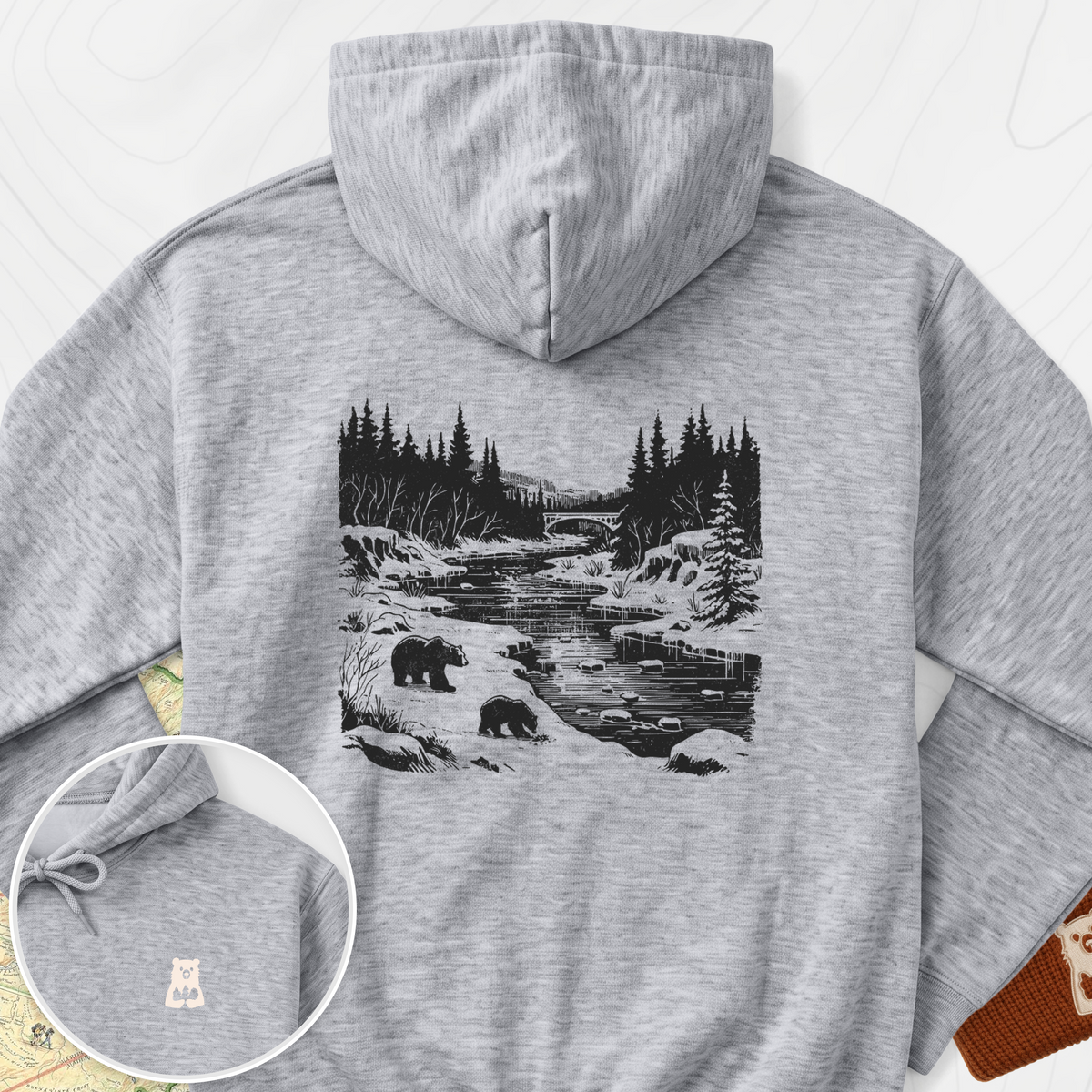 River Bear Scene Back Print Hoodie - Sport Grey