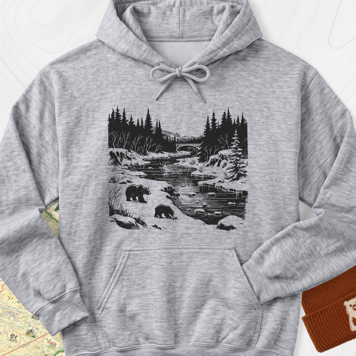 River Bear Scene Hoodie - Sport Grey