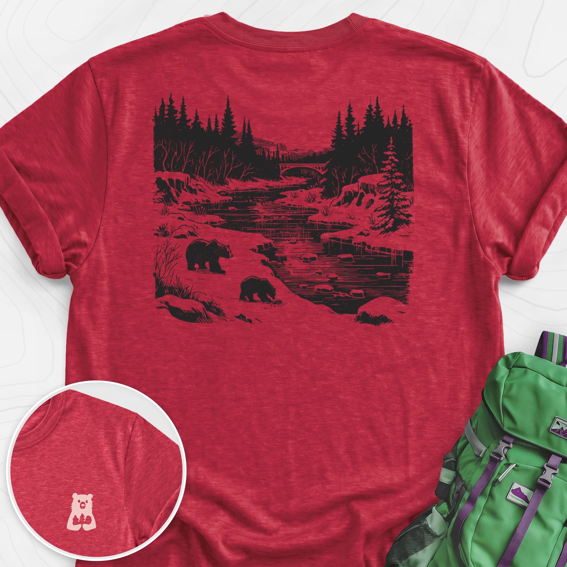 River Bear Scene Heather Red back print lightweight T-shirt