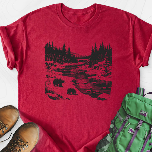 River Bear Scene Heather Red front print lightweight T-shirt