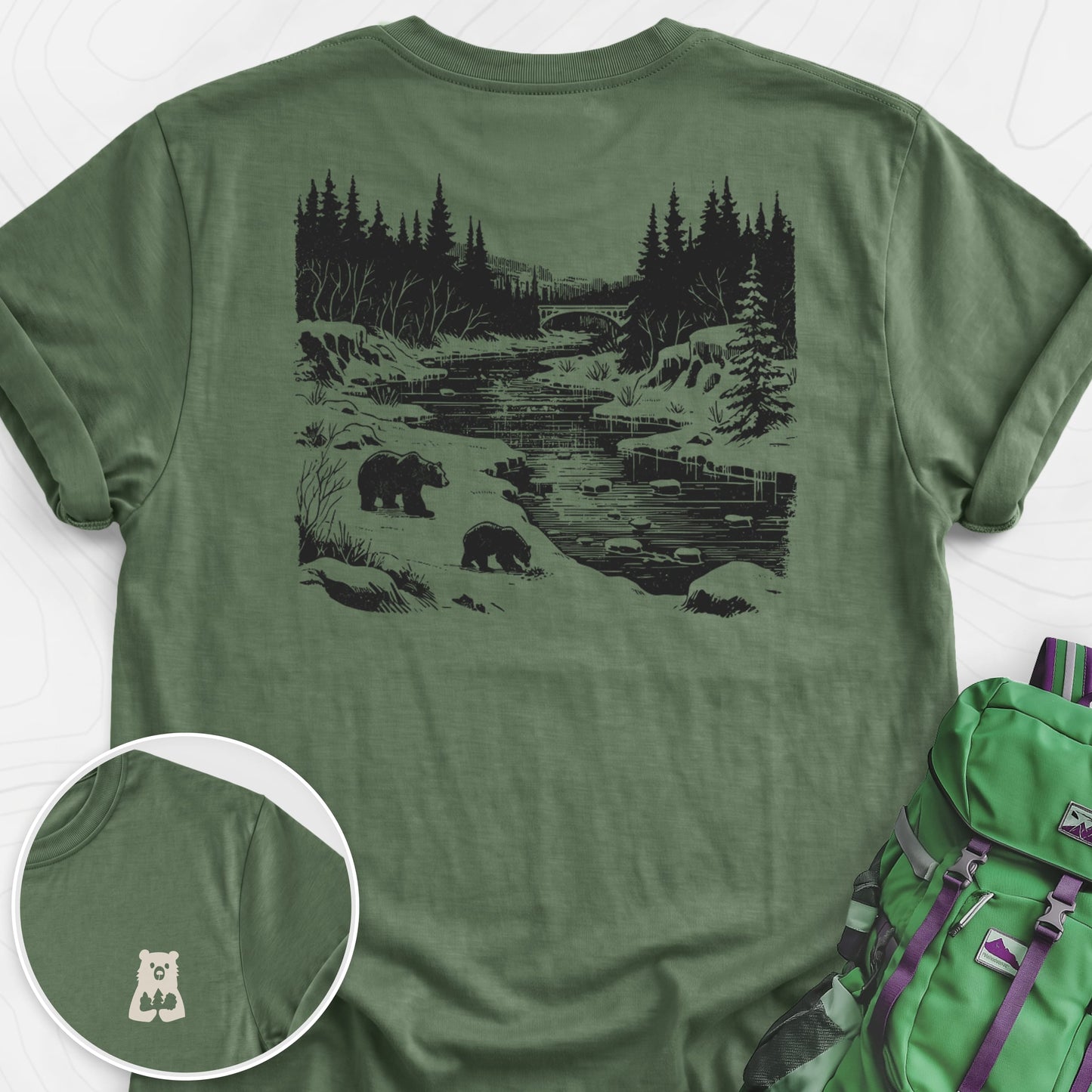 River Bear Scene Military Green back print lightweight T-shirt