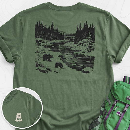 River Bear Scene Military Green back print lightweight T-shirt