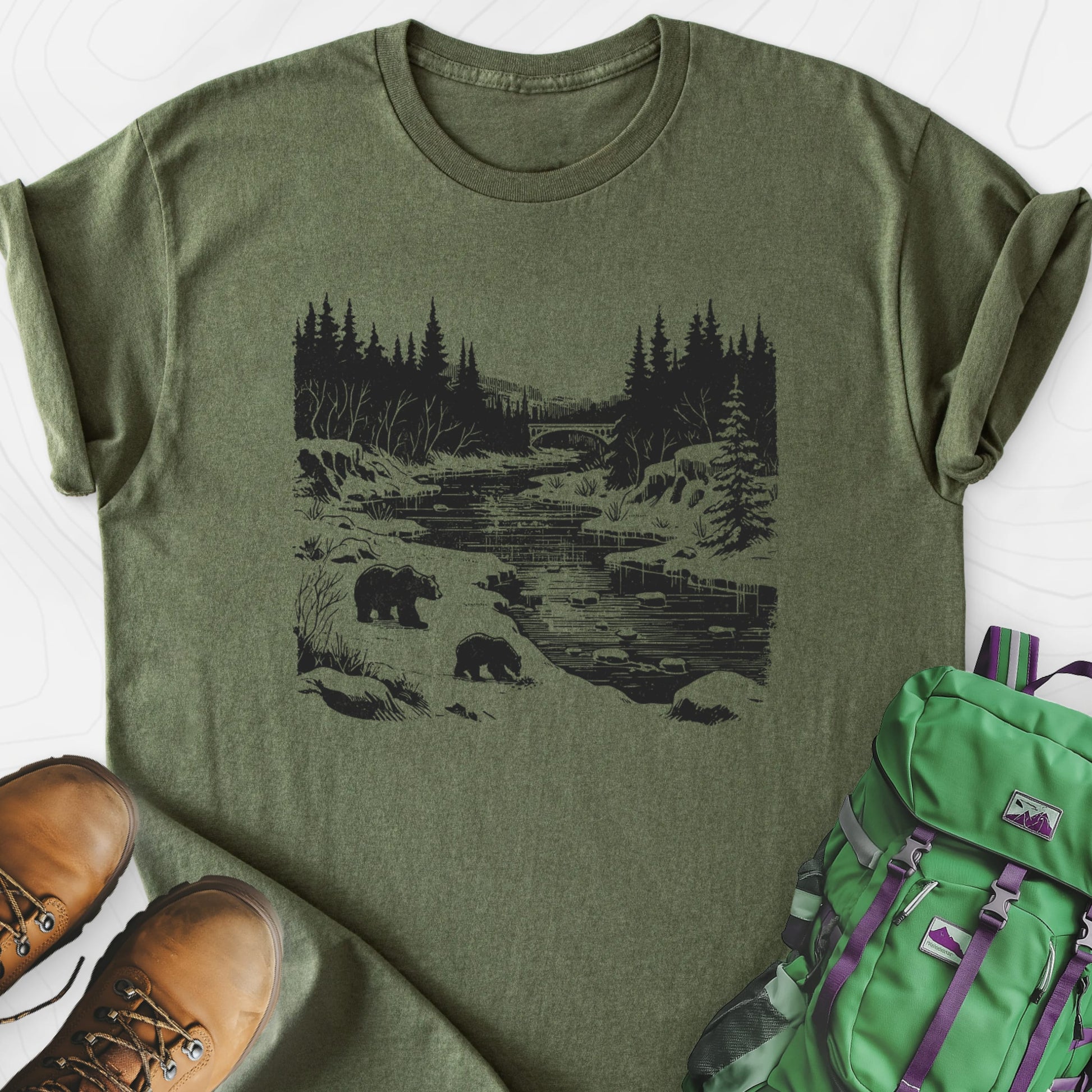 River Bear Scene Military Green front print lightweight T-shirt