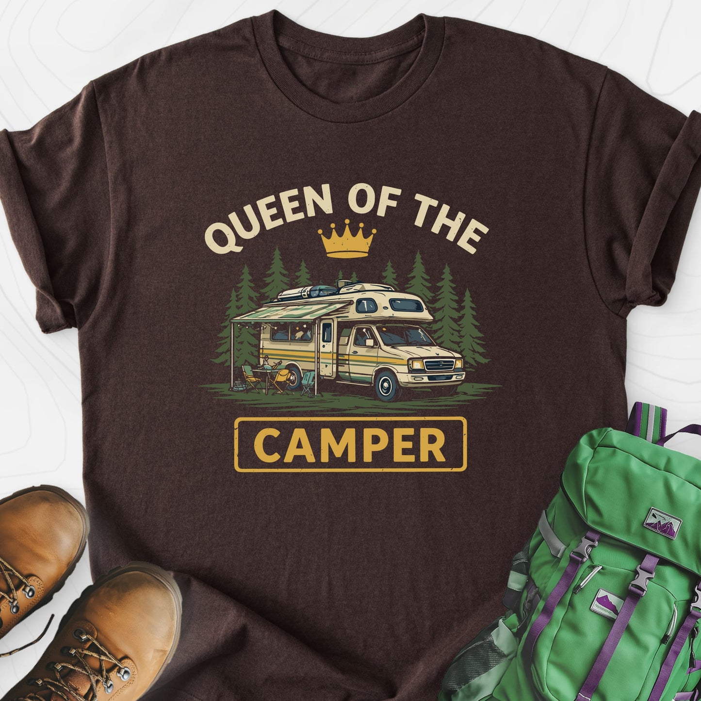 Queen of the Camper RV Dark Chocolate front print lightweight T-shirt