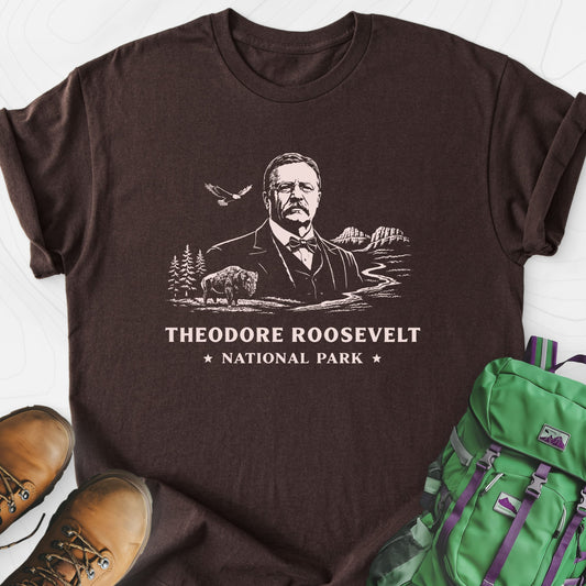 Roosevelt Wilderness Badge Dark Chocolate front print lightweight T-shirt