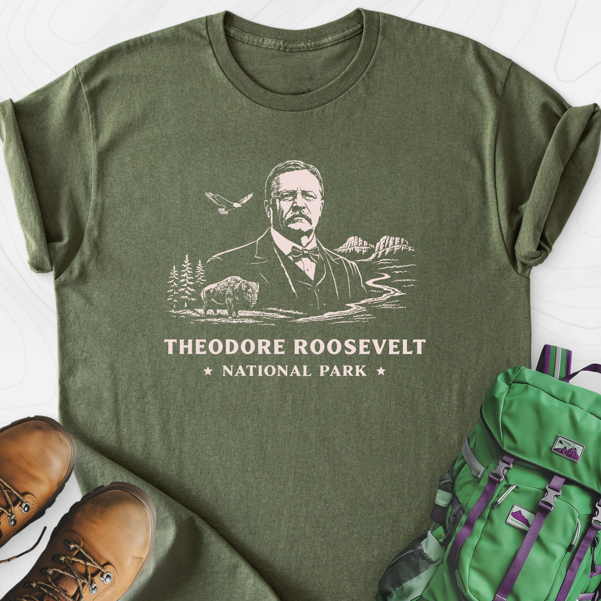 Roosevelt Wilderness Badge Military Green front print lightweight T-shirt
