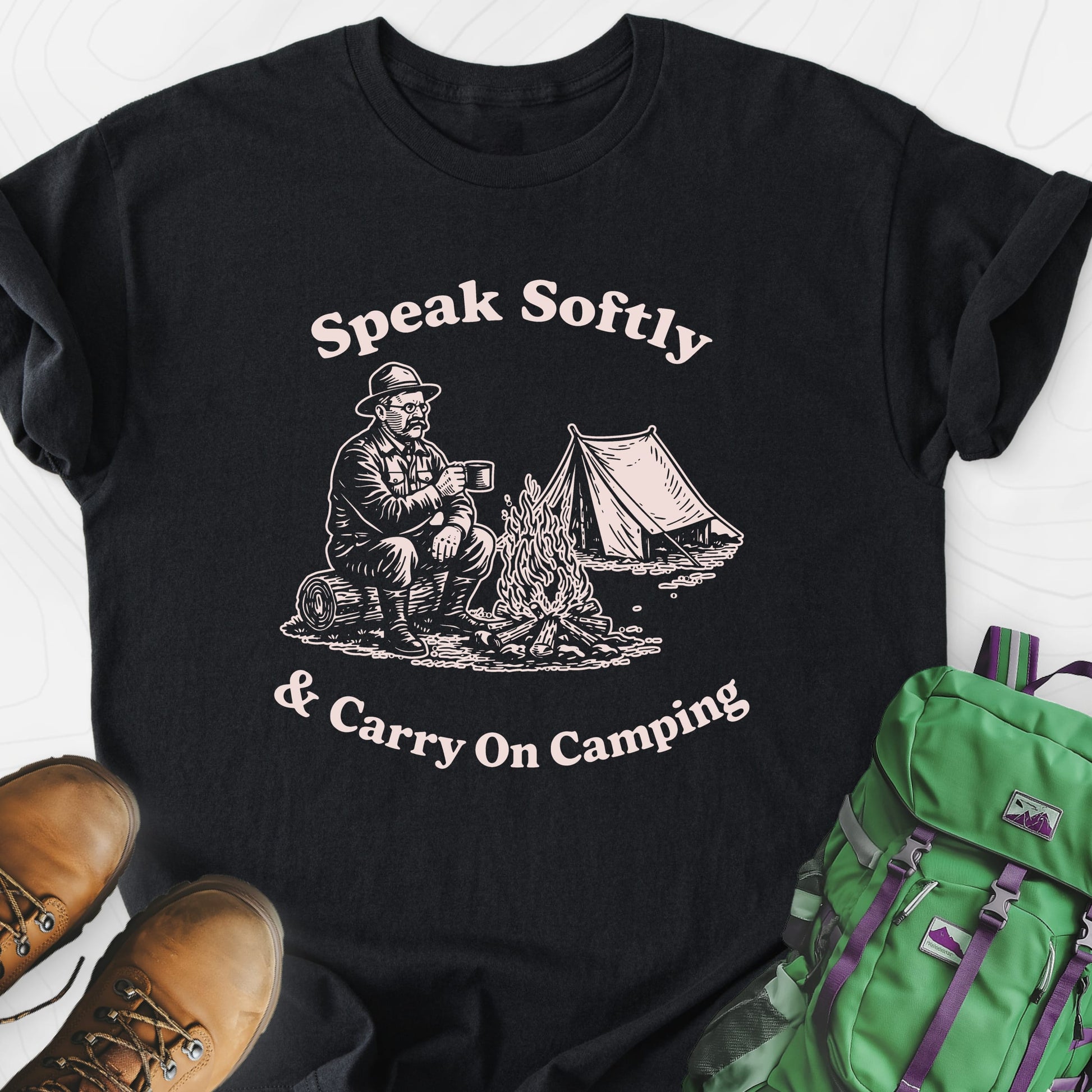 Speak Softly Campfire Black front print lightweight T-shirt
