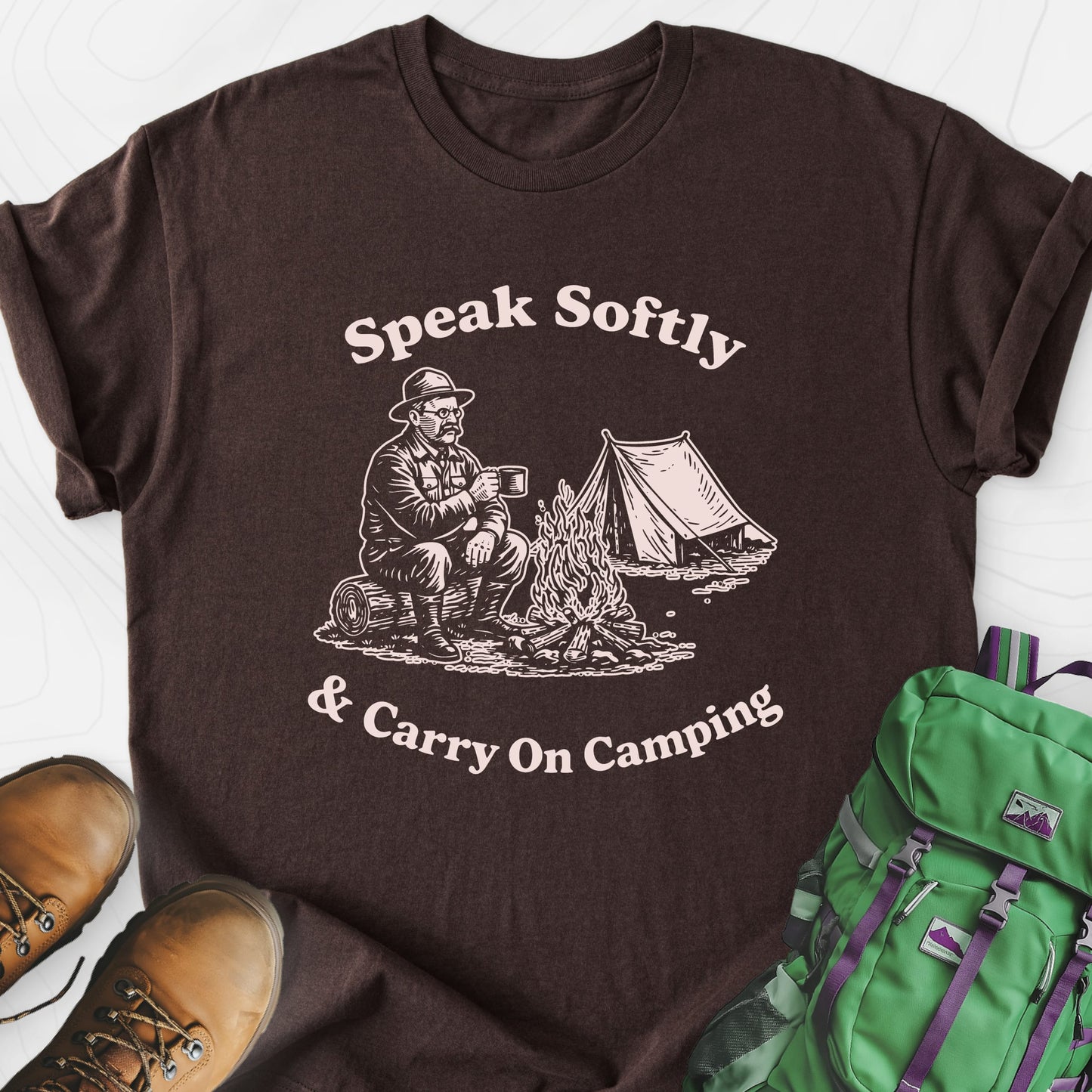 Speak Softly Campfire Dark Chocolate front print lightweight T-shirt