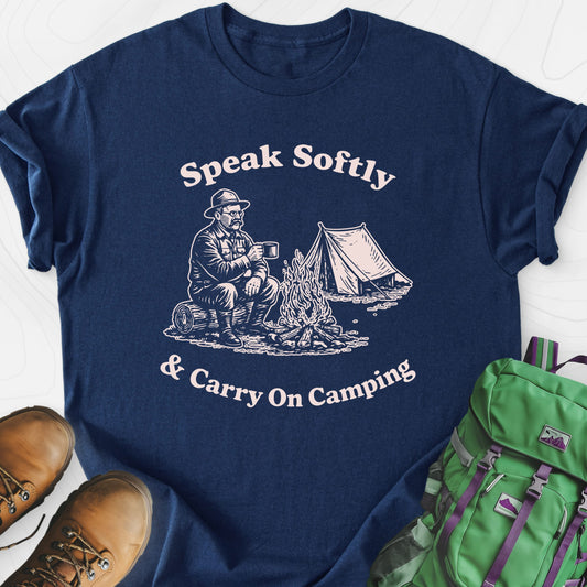 Speak Softly Campfire Navy front print lightweight T-shirt