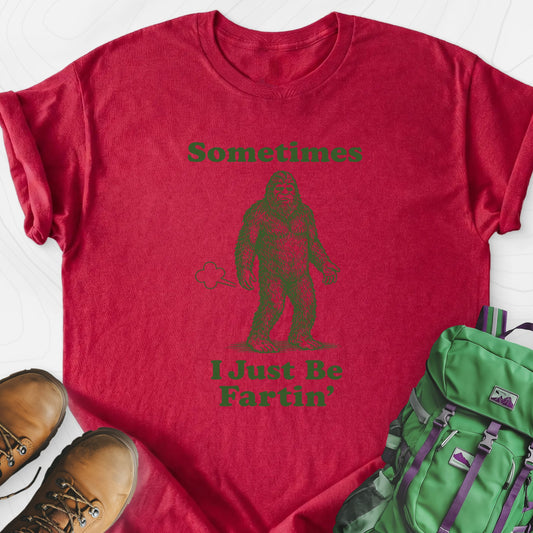 Just Be Fartin Bigfoot Heather Red front print lightweight T-shirt