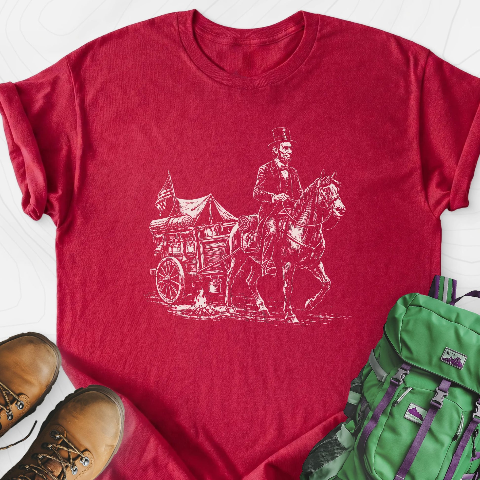 Frontier Wagon Camp Heather Red front print lightweight T-shirt