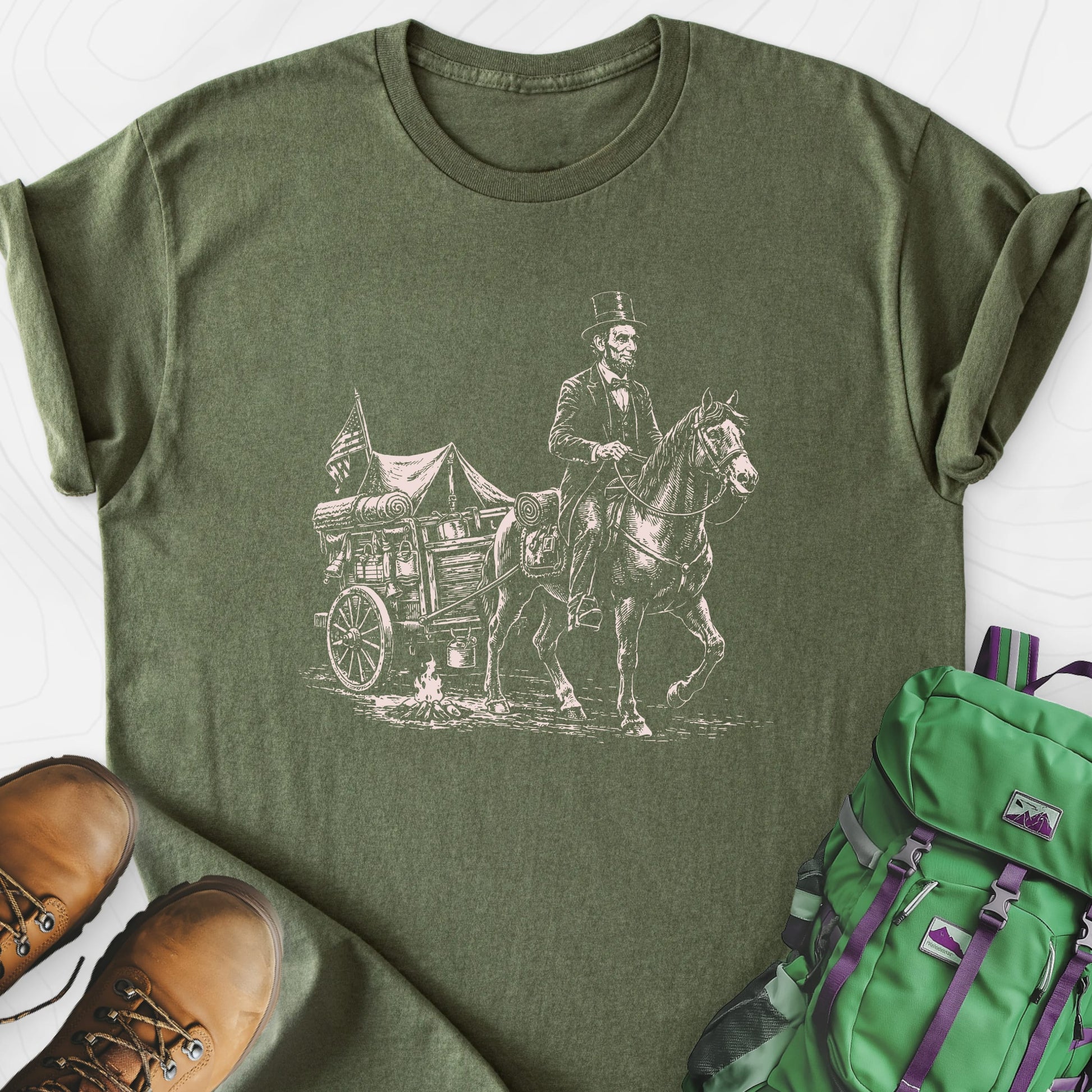 Frontier Wagon Camp Military Green front print lightweight T-shirt